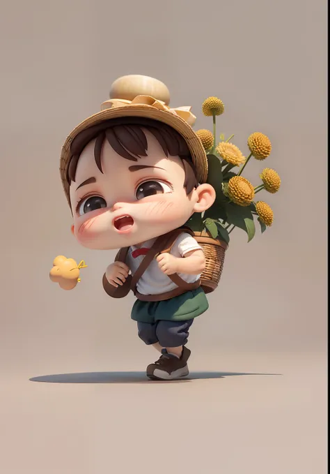 Cute little boy carrying a basket on his back，brown  hair，Air bangs，Bunched hair，Panting expression，perspire，The back basket has herbs