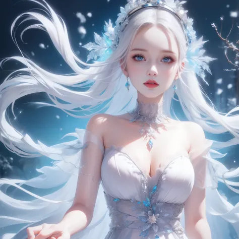 1girl,(snow,ice), snowflakes, in winter, white hair, shiny hair, wavy hair, transparent clothes, frills, lace, wet clothes, off_shoulder, hair scrunchie,masterpiece, telephoto lens, absurdres, exquisite facial features,canyon, glacier, mosaic background, c...