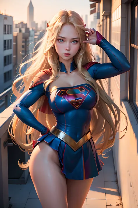 ((best quality, masterpiece, absurdress) , supergirl , 19 years old,long blonde hair, voluminous hair, loose hair, blue expressive eyes,huge breasts, supergirl wearing korean school uniform, terrace of a building, view of other buildings ,day