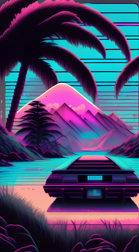 vaporwave style， aesthetics， chill， grieves， lofi style， ultra - detailed， Background with， The landscape， highly  detailed， 8K， k hd