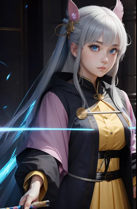 1girll、Yellow, pink and gray hair、blue eyess、magic wands、Front face、Holding the cane forward、Clothing for the near future、The background is the near future