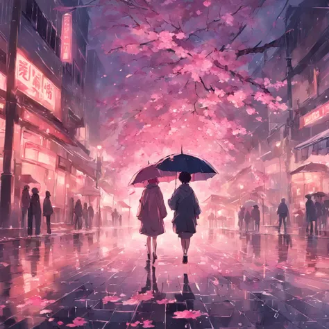 holding a umbrella，stroll，Streets on rainy days，In the distance are pink cherry blossoms，SakuraNS，with petals falling，rainwater，Raindrops fall，Wet ground，inverted image，Warm and romantic