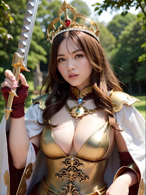 Professional , ​masterpiece、top-quality、photos realistic , depth of fields （Gemstone Silver Metal Body:1.９),(Matte Silver、Jewel Gold Weapon、（Gorgeous castle background）、（Jewel White Metal Body:1.４),（Gorgeous Jewel Metal Weapons） , （（Hold the detailed sword...