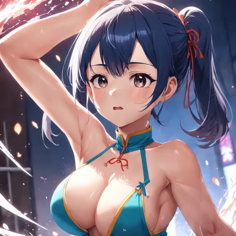 wearing tight cheongsam, big boobs, revealing,((ultra hd, masterpiece, 4k hd)), armpit and chest look, armpits and  showing, sexy anime girl, white skin, cute face , twintails, sweaty all over, armpits and groin sweaty and wet