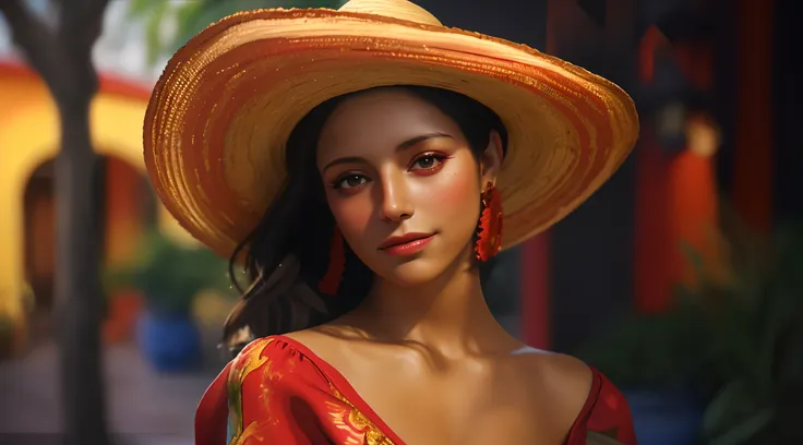 arafed woman in a red dress and a straw hat, beautiful mexican woman, realistic spanish woman painting, in a oil painting style,...