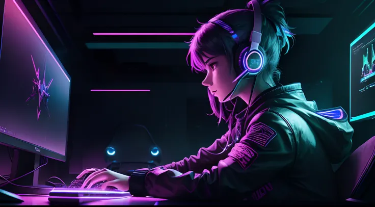 A young woman sits at her desk, surrounded by RGB lights. She is wearing a headset and gaming mouse, and her fingers are flying across the keyboard. She is completely focused on the game, and the lights are reflecting off her face, making her look like a c...