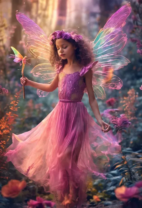 color photo of a flower fairy with transparent colorful wings, holding a magic wand