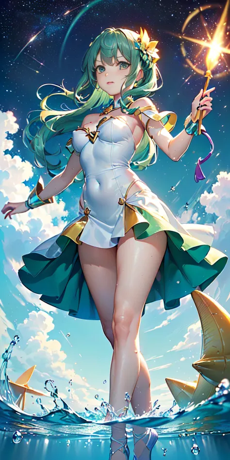 (((Archangel long green hair, Magia (obra-prima, Calidad superior, mejor calidad, arte oficial, beautiful and aesthetic: 1.2), (1girl:1.3), (Arte fractal:1.3), extremadamente hermoso, Cabello estrella, cleopatra Ropa, mythic, Corona de hadas, Tiro con arco...