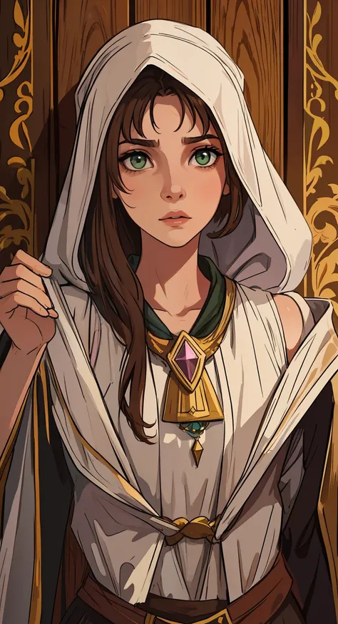 A beautiful woman with green eyes and brown hair pink lips she is a sorceress wearing white and gold noble robes A princess of magic and a sad look of dramatic concern A wooden wall background An art for an RPG A medieval art for RPG