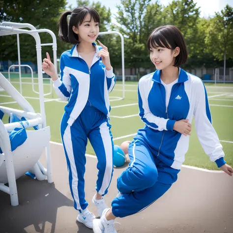 Beautiful high school student playing in blue and white tracksuit playing on the school playground，Super high value，perfect body figure，extra very short hair，Delicate hair，Fair face and skin，Hanging water droplets，Have fun playing on the playground，Large b...