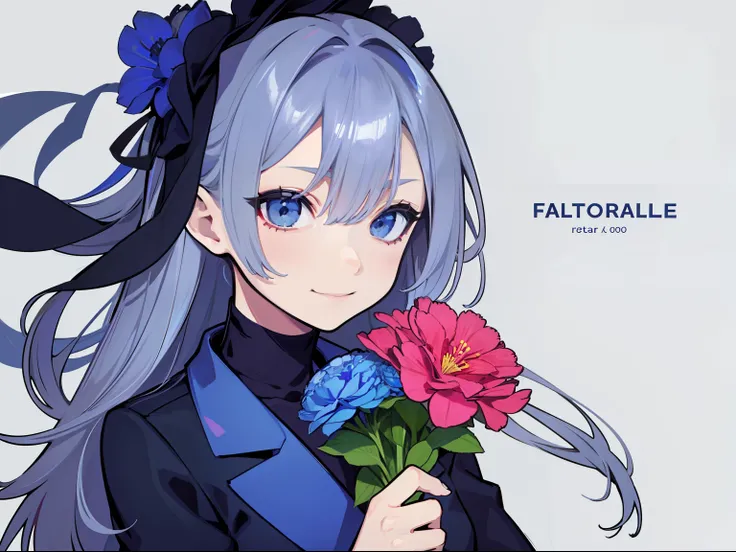 femele，a matural female，A half body，dark-blue hair，The coat is draped over the shoulders，grey coat，Holding a bouquet of flowers，carnation，orthofacial，ssmile，belo sorriso