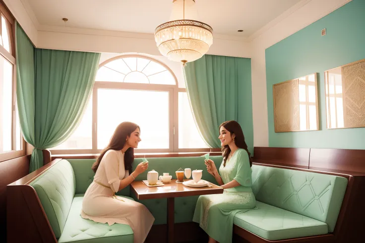 Date: 2023
Country: Algeria
Description: In an elegant Algerian cafe, an adult Algerian woman sips mint tea with a friend, their animated conversation punctuated by bursts of laughter. The cafes pastel-hued decor, adorned with intricate patterns, creates a...