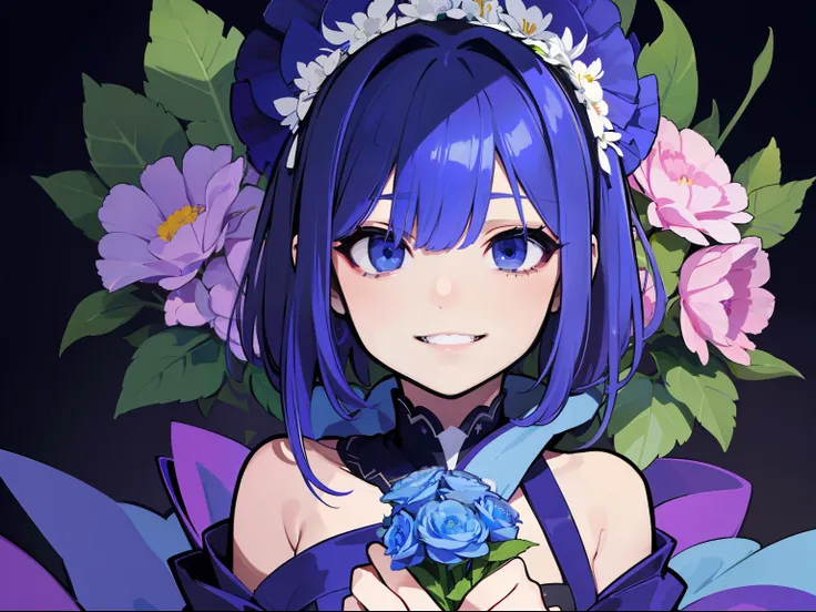 femele，a matural female，A half body，dark-blue hair，The coat is draped over the shoulders，grey coat，Holding a bouquet of flowers，carnation，orthofacial，ssmile，belo sorriso