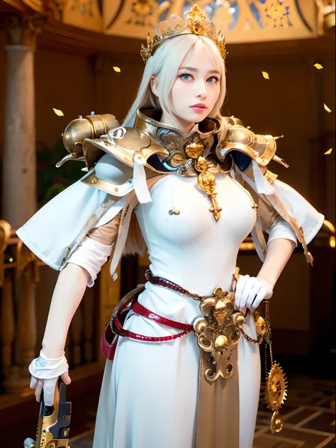 (masutepiece), Professional , ​masterpiece、top-quality、photos realistic , depth of fields （Gemstone White Metal Body:1.９),(Matte White、Jewel Gold Weapon（Jewel Metal Body:1.４),Gorgeous metal weapons ,（（ Detailed and gorgeous sword of the brave）） , Beautiful...