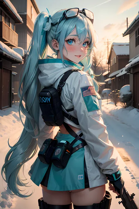 Hatsune miku,, Hair over the shoulder, On his head is a crown of ice and snow, Officer shoulder straps, Gradient bluish-silver hair, blue color eyes, light blue hair, gradient hair, twintails, eyeball, color contact lenses, aqua eyes, blush, ear blush, smi...