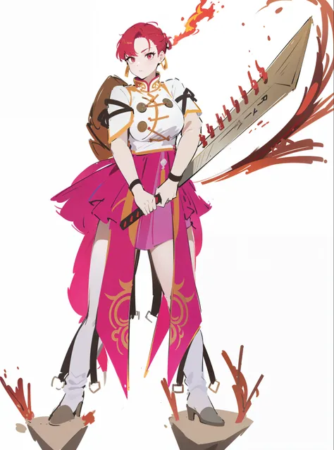 In the Land of Fire, A girl with purple and red hair，Wearing a red-tailed cheongsam with a white figure，holding detailed a big Sword，Use the fire element to attack