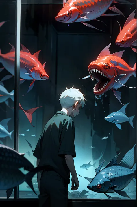 In the aquarium，Outside the glass stood the back of a little boy，Inside the glass is a huge and ugly scary fish，The demons，a dark and eerie atmosphere，The eyes of the fish glow red，with a huge mouth open，Realistis，The end of the world