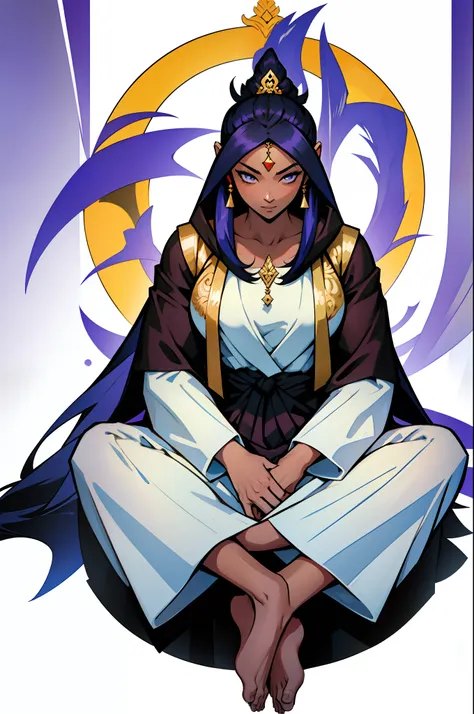 anime style, Southeast Asian, Khmer woman, woman, Khmer, Cambodian, hindu style, spiritual goddess, deity, full body from head to toe, dark chocolate skin tone, hair all down hairstyle, meditation position, seating position, prayer, wearing a grey long hoo...