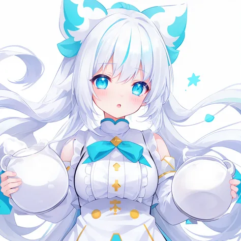 Milky long-haired milk，White clothes，Fufu is a very cute face，This is a cute sweet girl，cyan eyes，white color hair，Bitgirl，Poor milk