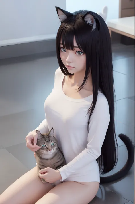 Put the cat on the head、There is a woman with a cat on her shoulder, attractive cat girl, beautiful young catgirl, very beautiful cute catgirl, catgirl, 3 d anime realistic, Cat Girl, anime catgirl, imagem hiperrealista, Hyper realistic anime, beautiful an...