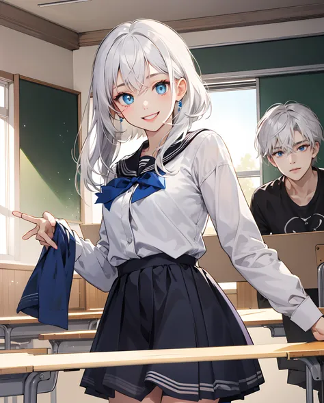 Gentle、animesque、eyes large、white  hair、fluffly、student clothes、natural make up、A mischievous smile、‎Classroom、blue eyess、a short skirt、Panchira