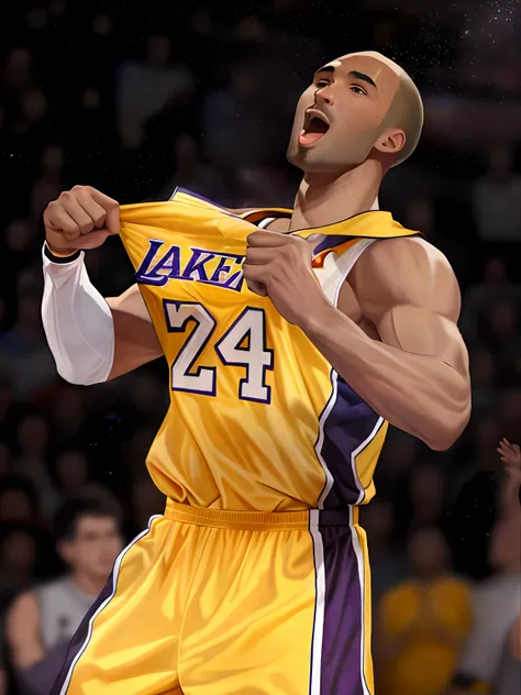 Kobe Bryant was excited after putting on the Lakers jersey, Kobe bryant, triumphant pose, portrait of kobe bryant, wearing NBA jersey, photograph credit: ap, breath-taking, center focused, focused shot, fantasy!!!, lecherous pose, his arms spread, closeup ...