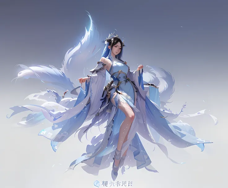 1girl in blue dress with white hair and blue dress,dressing hanfu,((hanfu)),full body xianxia, by yang j, a beautiful fantasy em...