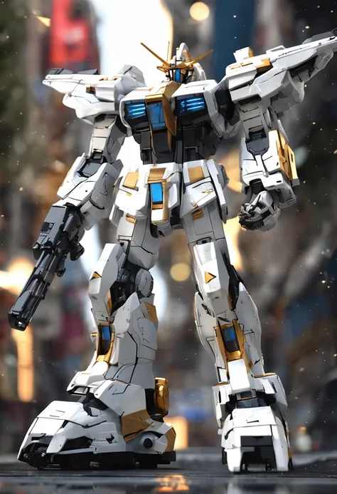 The picture shows the white and gold Gundam。, The style in the intersecting plane is highly realistic, grandeur of scale, Playful and complex, Glassy translucent, posing elegantly, super detailing, Maxon Cinema 4D, High detail, 32k --s 1000 --varnish --AR ...