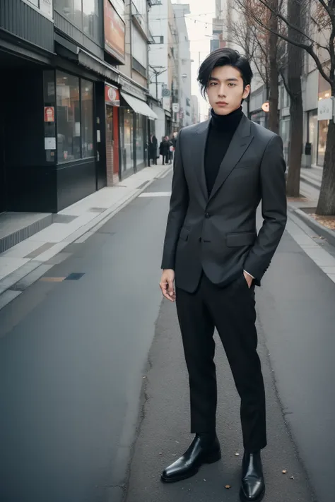 Portrait of 20 year old Japan man in business style in autumn mode/Winters. Wearing a dark gray wool suit by Gucci, Black turtleneck, and black leather Chelsea boots. The look is sleek and sophisticated. Autumn Mode Business Hairstyles/Winters. Medium leng...