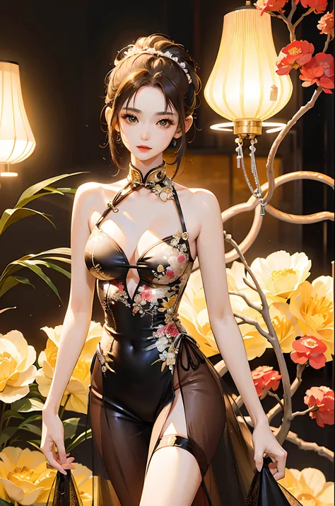 A woman in a floral dress stands next to a tall tree, gorgeous Chinese model, sexy dress with bare shoulders and exposed, wearing an elegant dress, she is about 2 5 years old