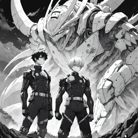 Rest for 2 people, BREAK A highly detailed grayscale black and white manga drawing anime person one with short wavy white hair is A character and a highly detailed grayscale black and white manga drawing anime guy two short messy black hair is B character,...