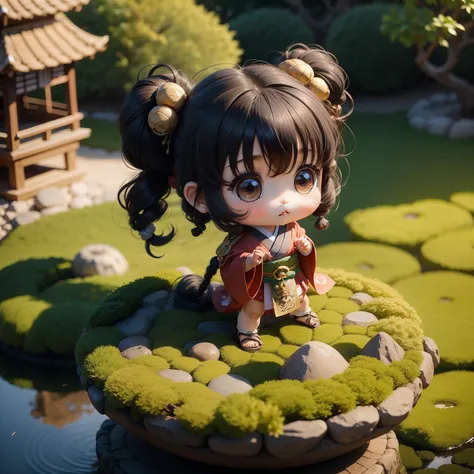 cute baby chibi anime,generated knotted hair,archaic hair ornament,japanese garden.