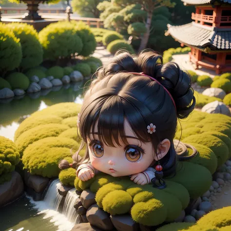 cute baby chibi anime,generated knotted hair,archaic hair ornament,japanese garden.