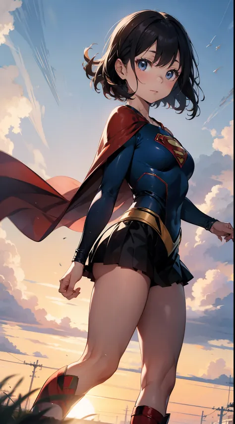 Supergirl stands on the ground，A long and wide red cape flutters in the wind，Short black hair，is shy，Full body in camera，There is an S-shaped Superman logo on the chest。