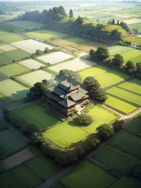 aerial view of a lush green field with a small house, seen from above, from above, view from above, shot from above, perspective shot from the sky, detailed fields nature, aerial view of an ancient land, bali, rice paddies, aerial view from above, shot fro...