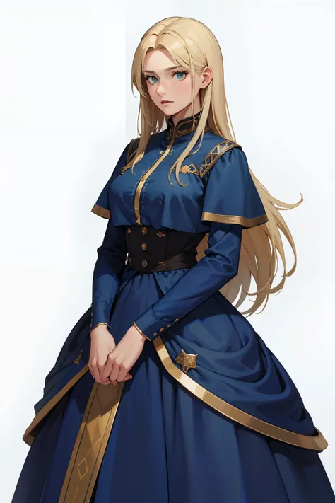 cowboy shot, Portrait of a woman in her 20s, 26 years old,  Standing, in a dark blue dress, long straight blonde, straight hair, green eyes, late 19th century, Game Graphics, White background, Kramskoy,