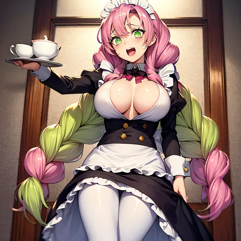 mitsuri from demon slayer, multi haired pink and green, hair covering left eye, maid suit, white pantyhose, huge breasts, thin legs, ahegao, soft eyes, short, two-dimensional hair, tea in hand , green eyes , 1 girl