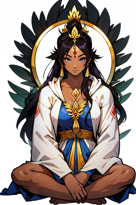 anime style, Southeast Asian, Khmer woman, woman, Khmer, Cambodian, hindu style, spiritual goddess, deity, full body from head to toe, dark chocolate skin tone, hair all down hairstyle, meditation position, seating position, prayer, wearing a grey long hoo...