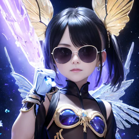 baton，Transparent wings，Magic wand，Wear thick gold-framed reflective sunglasses，32K（tmasterpiece，k hd，hyper HD，32K）Burgundy double ponytail，The Silver Skull Jewelry District in the backstreets，Indigo Skull King ，Skeleton protector （The skeleton is realisti...