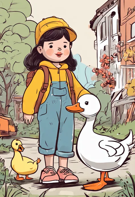 There is a cartoon of a girl feeding ducks, holding a white duck, cute goose, hand painted cartoon art style, lovely art style, Cartoon style illustration, digital cartoon painting art, adorable digital art, Cartoon Art Style, cartoon digital painting, Car...