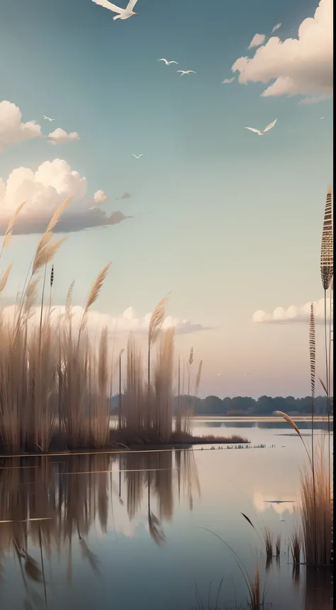 Lu，Cranes fly，phragmites，background whites，Feeling deserted，4k，k hd，Strong texture