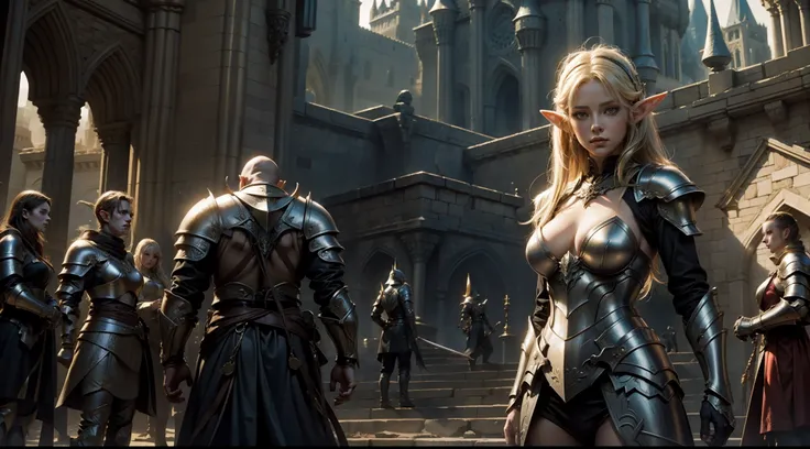 Female elf，Large breasts，Light armor，dramatics，dynamicposes，The background is the castle