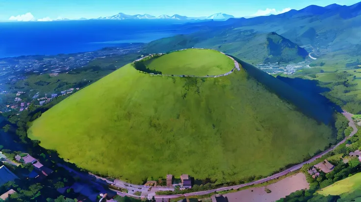 A large green mountain in the shape of pudding，There is a road through it, volcanoes, Aerial view of the mountain,