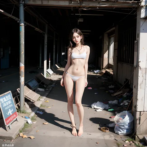 tmasterpiece，abandoned building，Garbage all over the ground，grimy，full-body portraits，Sexy standing pose，Slim legs，very beautiful long slim legs，The barefoot，Naked all over the body，full body exposed，exhibitionists，The body is exposed randomly