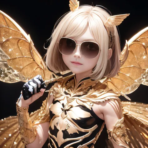 baton，Transparent wings，Magic wand，Wear thick gold-framed reflective sunglasses，32K（tmasterpiece，k hd，hyper HD，32K）Burgundy double ponytail，The Silver Skull Jewelry District in the backstreets，Indigo Skull King ，Skeleton protector （The skeleton is realisti...