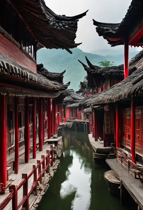 Photography of Guizhou stilt building，Chinese beautiful woman