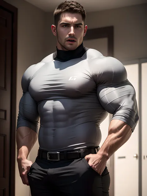 Muscular male security guard with open mouth，Chris Redfield，Wear a long-sleeved turtleneck sweater，expression sad，He frowned aggrievedly。。。。。。。。。。gem-like eyes，Tall, Burly and strong，Thick thighs，He was in the living room of a luxury villa，Luxurious warmth...