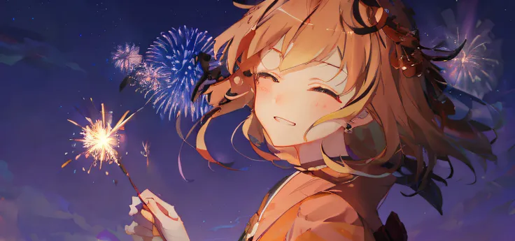 Anime girl holding fireworks in fireworks background, Ayaka Genshin impact, Best anime 4k konachan wallpaper, fate grand order, anime visual of a cute girl, Violet Evergarden, anime style like fate/stay night, fire works, Fireworks in the background, kyoto...