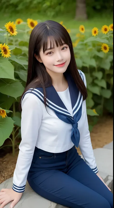 A smiling girl，Wear a tight sailor suit，denim pant，sitting on a large stone，There are a lot of sunflowers around，com rosto detalhado，The eyes are delicate，The photo quality is the best，Realistic image quality，Background diffuse lighting，Depth of field disp...