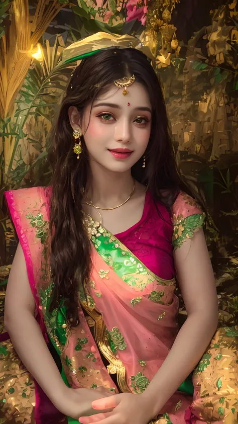 realistic, photorealistic, masterpiece, best quality, a girl, looking at viewer, happy, long hair, beautifully lips, indian lahanga, pink and green lahanga, spreading lahanga, green lace transparent, gold plating, jewellery, DJ lights, spreading lights, sp...